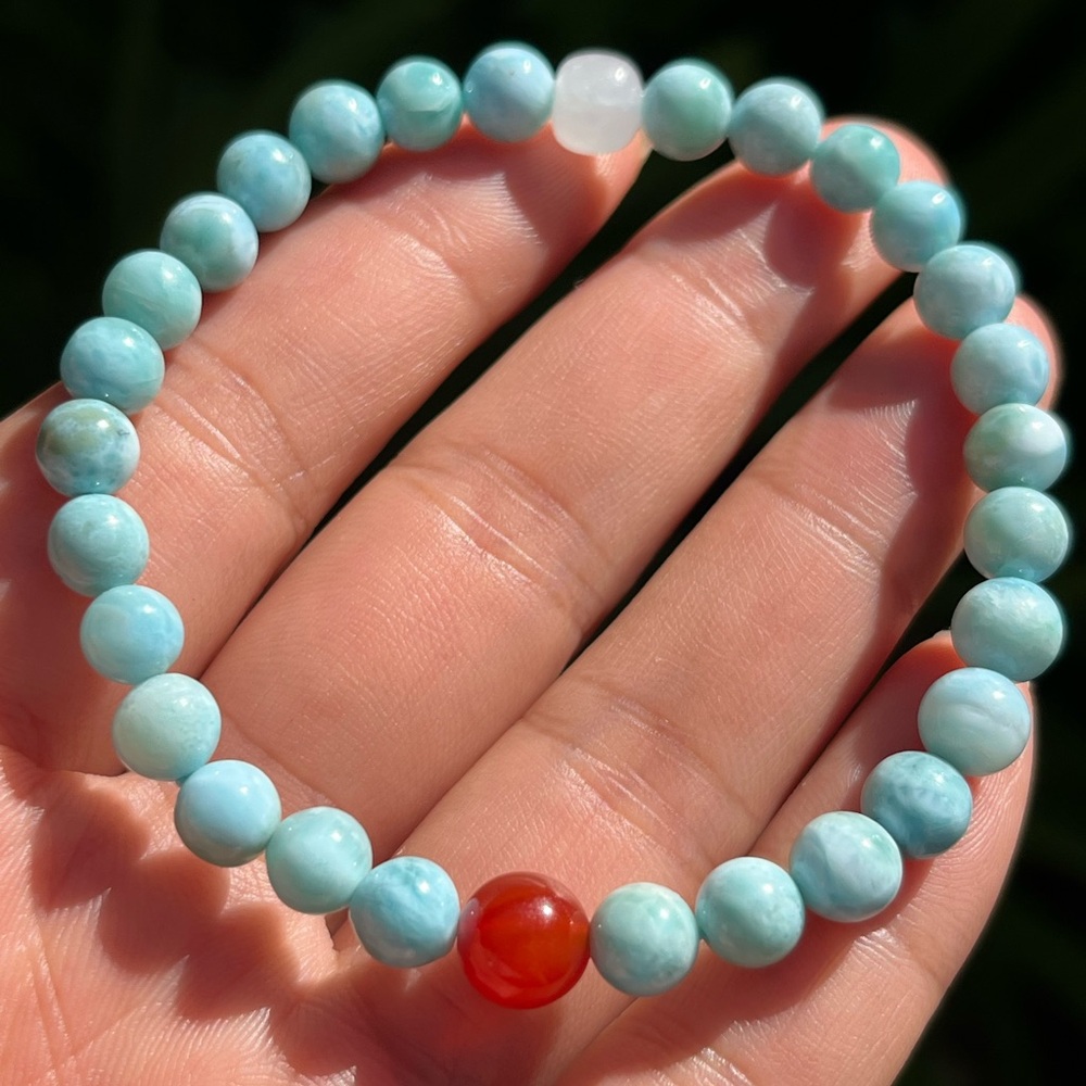 6mm stretchable dainty larimar red carnelian‎ white jade bracelet 0287